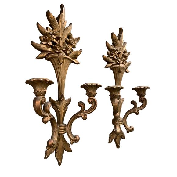 Vintage 1950s Pair of Syroco Wood 2 Arm Wall Sconces Gold Gilt Hollywood Regency - Picture 3 of 11